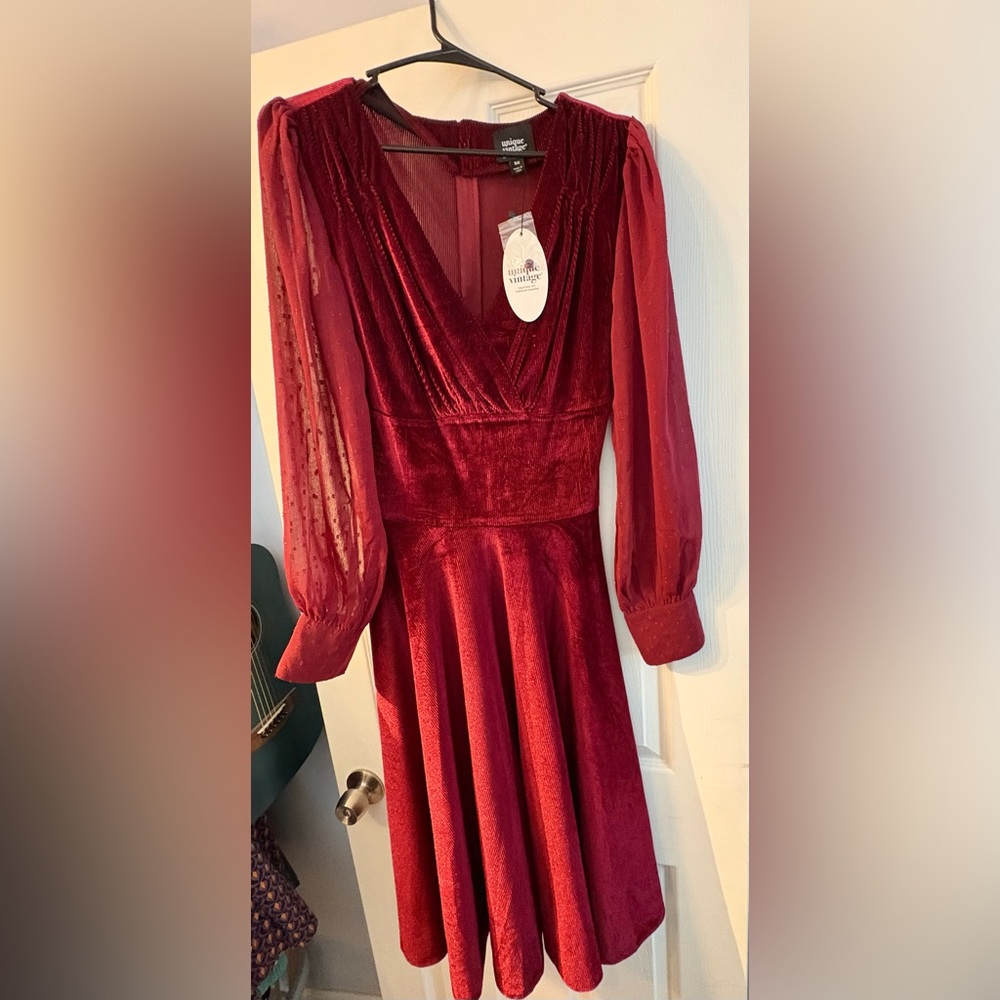 Unique Vintage Deep Red Long Sleeve Dress